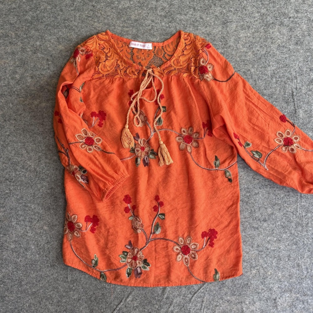 Ana & Rose Blouse Womens M Orange Embroidered Lace Tassel Boho Peasant Tunic Top